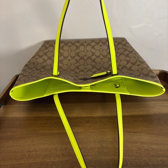 Coach Brown Signature Canvas Neon Lime Green Neon Glo Yellow City Tote - Picture 6 of 10